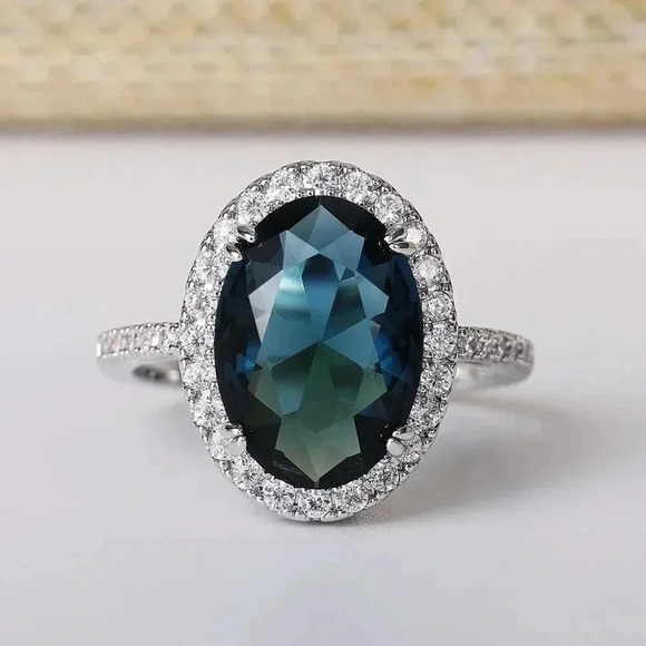 ▶Noble Hollow Anillos Super Large Oval Pure Royal Blue CZ Silver Ring, L263 - Picture 1 of 7